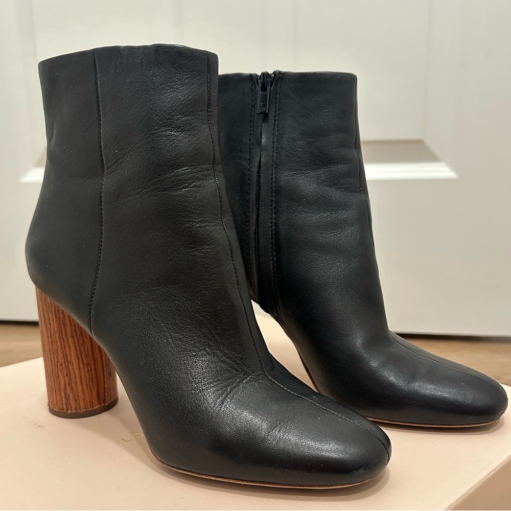 Loeffler Randall black leather boot with cherry wood block heel